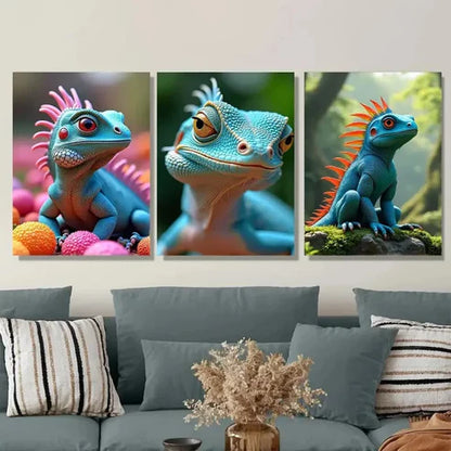 3pcs Vibrant Lizard Triptych Colorful Reptile Wall Art Set Canvas Unframed - High Quality Print 100% Australian Made Wall Canvas