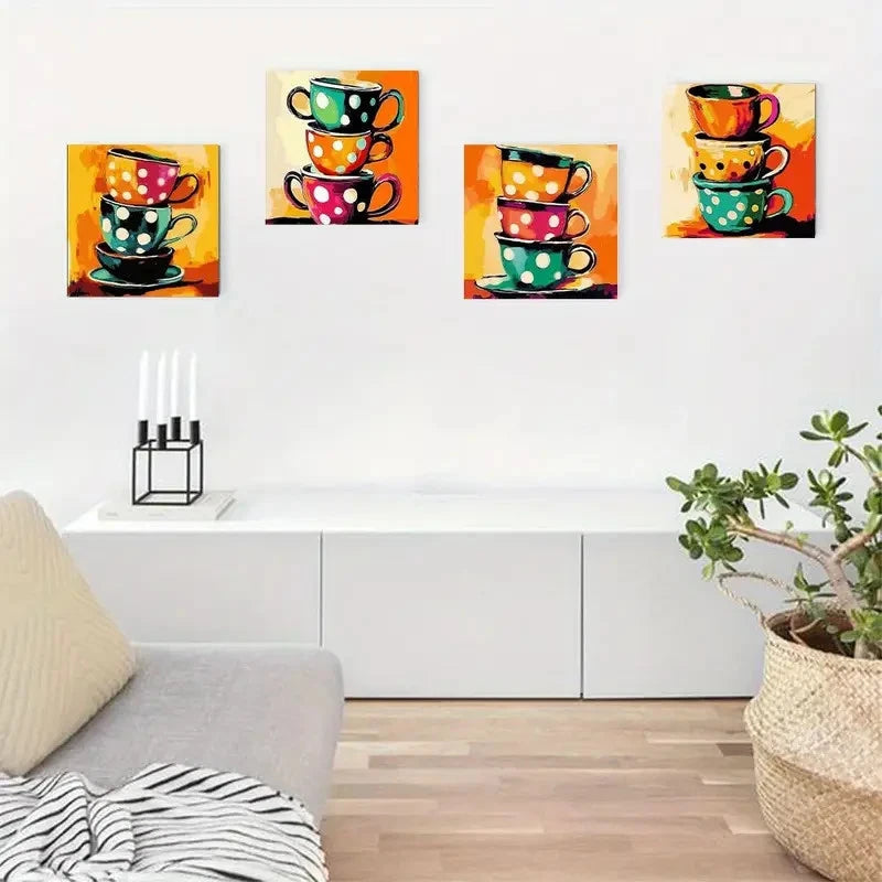 4pcs Colorful Cup Prints With Vibrant Polka Dots Wall Art Canvas Framed