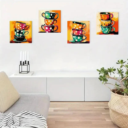 4pcs Colorful Cup Prints With Vibrant Polka Dots Wall Art Canvas Framed