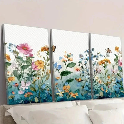 3pcs Watercolor Border with Butterflies Wall Art Set Canvas Framed 50x70cm - High Quality Print 100% Australian Made Wall Canvas Ready to Hang