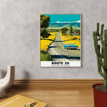 Vintage Route 20 USA Highway Turquoise Travel Poster Print Wall Art