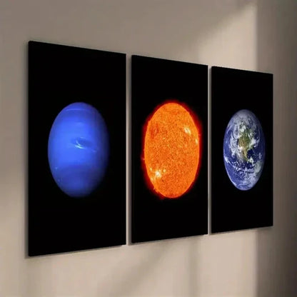 3pcs Sun Neptune Earth on Black Background Wall Art Set Canvas Unframed - High Quality Print 100% Australian Made Wall Canvas