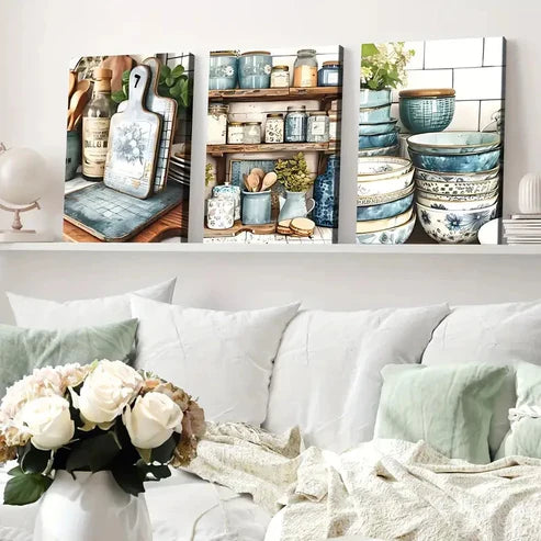 3pcs Modern American Art Deco Style Blue White Wall Art Set Canvas Unframed - High Quality Print 100% Australian Made Wall Canvas