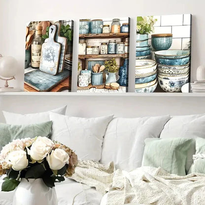 3pcs Modern American Art Deco Style Blue White Wall Art Set Canvas Unframed - High Quality Print 100% Australian Made Wall Canvas