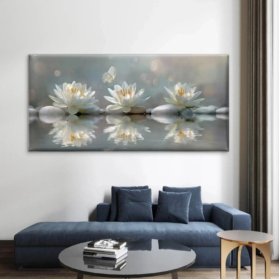 Lotus Flower & Water Reflection Wall Art Canvas Office Home Room Framed 120x60cm