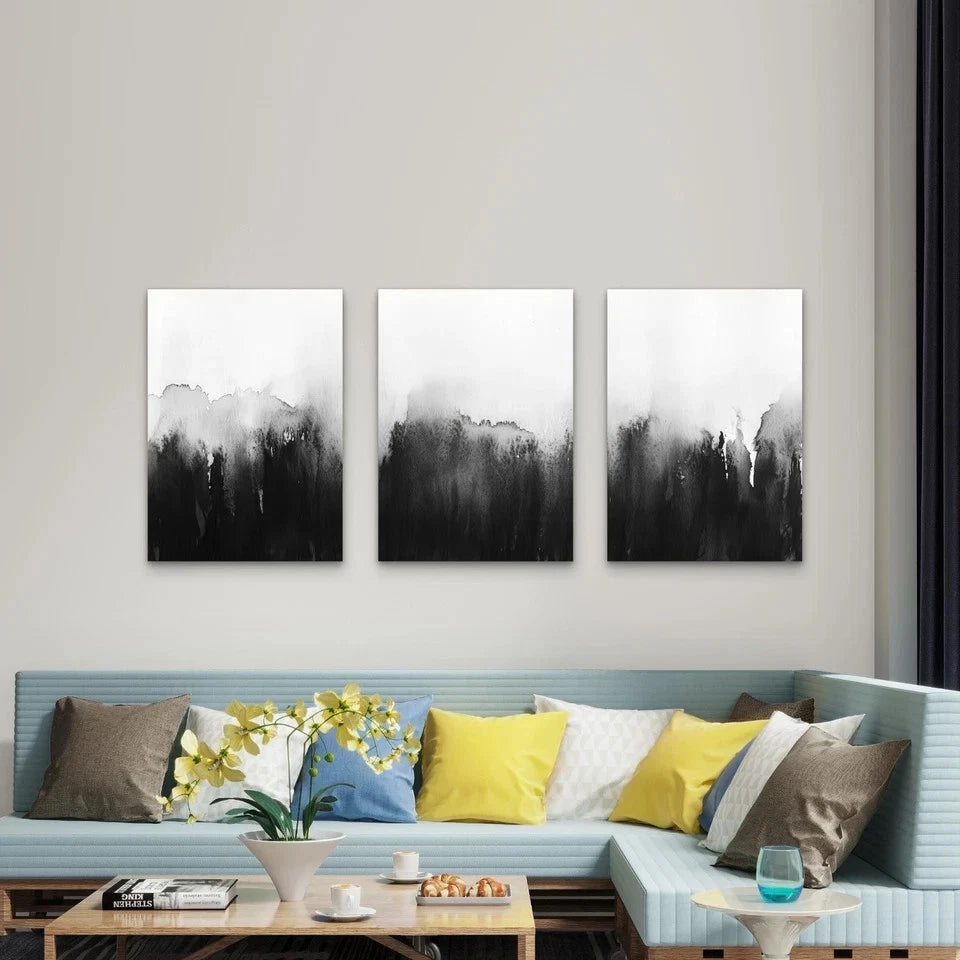 3pcs Minimalist Black White Watercolor Abstract Wall Art Set Canvas Framed 50x70cm - High Quality Print 100% Australian Made Wall Canvas Ready to Hang - Bella Home Decor