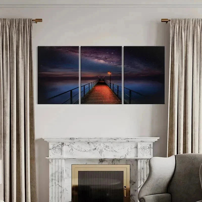 3pcs Starry Sky Night Scene Lake Bridge Wall Art Set Canvas Framed 60x90cm - High Quality Print 100% Australian Made Wall Canvas Ready to Hang