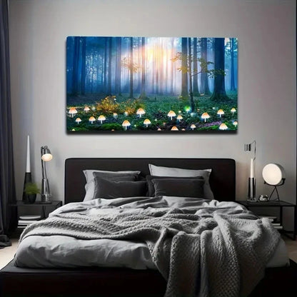 Illuminated Mushrooms Forest Wall Art Canvas Office Home Room Framed 120x60cm