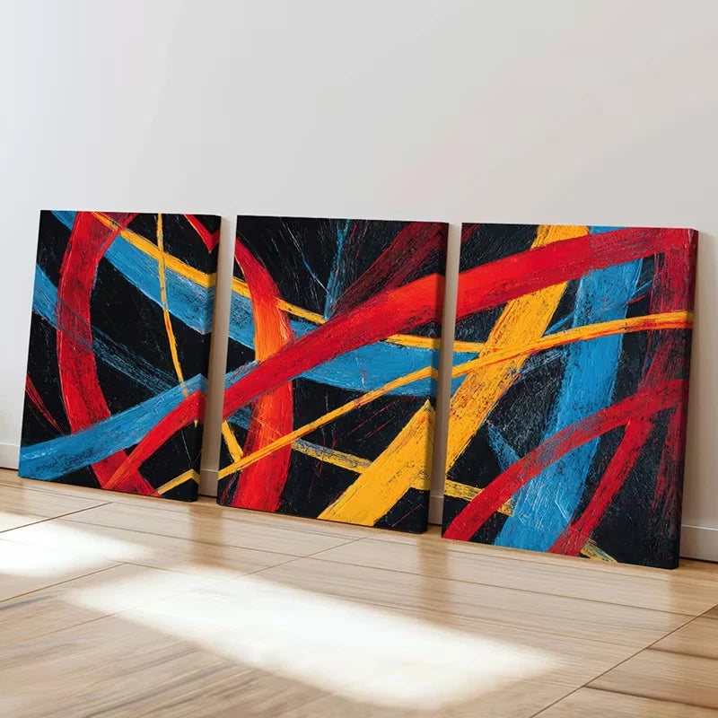3pcs Abstract Red Blue Yellow Stripes Dynamic  Wall Art Set Canvas Framed 60x90cm - High Quality Print 100% Australian Made Wall Canvas Ready to Hang - Bella Home Decor