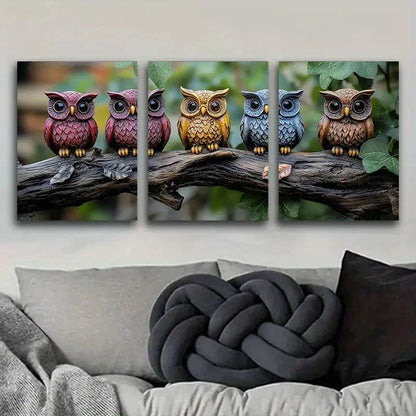 3pcs Colourful Owls On The Branch Metal Print Ready to Hang Art - Bella Home Decor