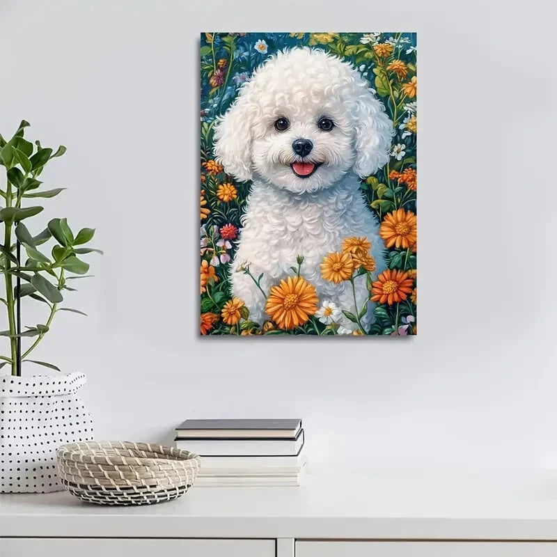 Adorable Bichon Frise Dog Vibrant Floral Painting 40x60cm Metal Print Ready to Hang - Bella Home Decor