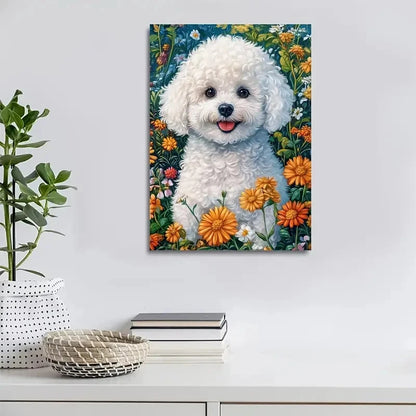 Adorable Bichon Frise Dog Vibrant Floral Painting 40x60cm Metal Print Ready to Hang - Bella Home Decor