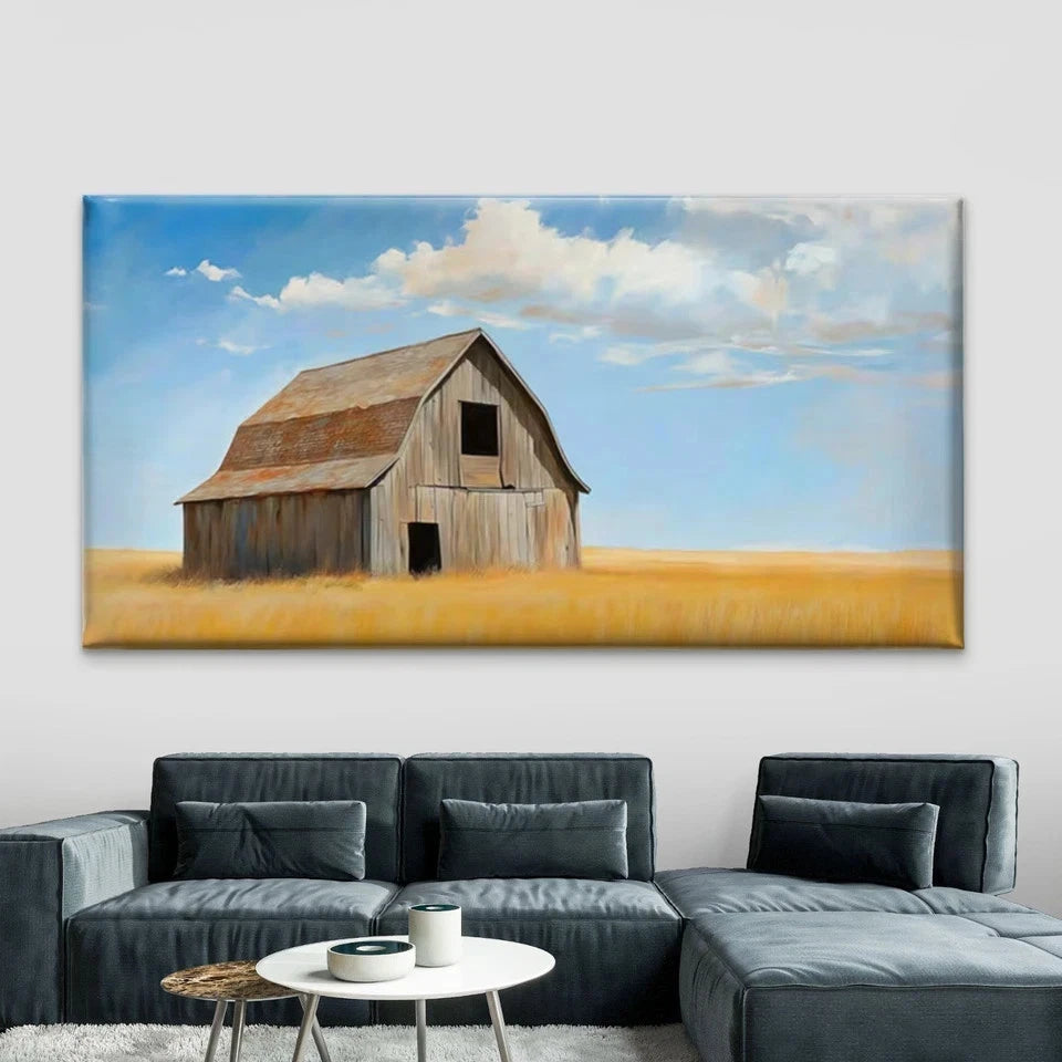 Wooden Barn in Wheat Field Wall Art Canvas Office Home Room Framed 120x60cm