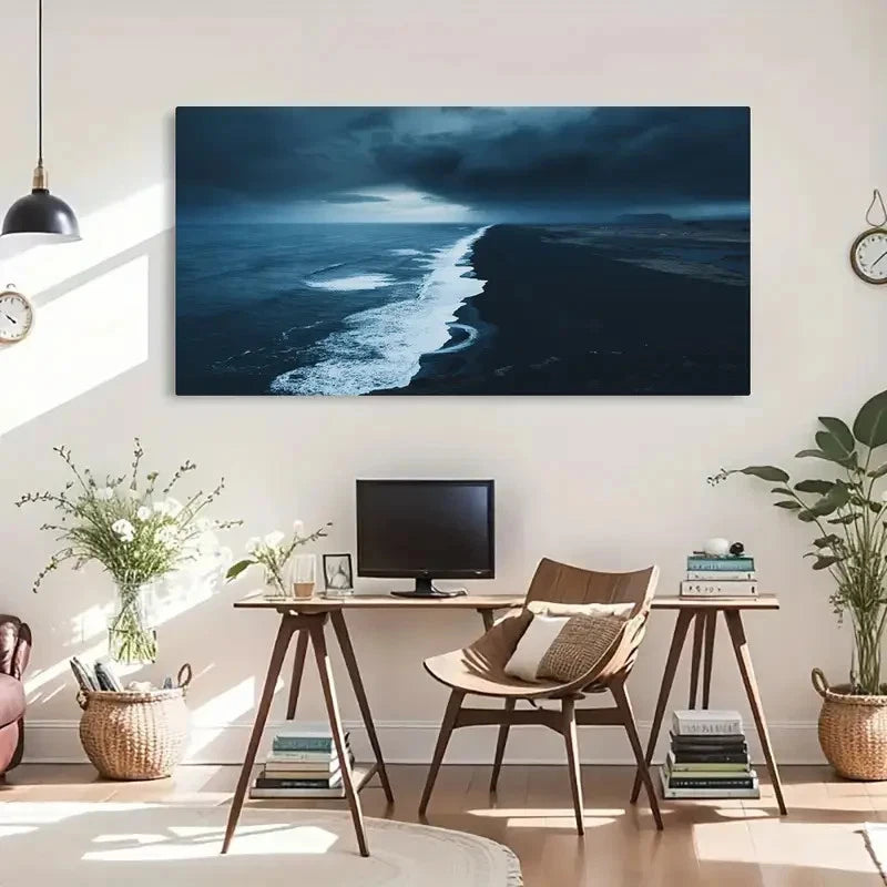 Iceland Blue Seaside Retro Wall Art Canvas Office Home Room Framed 120x60cm - Bella Home Decor