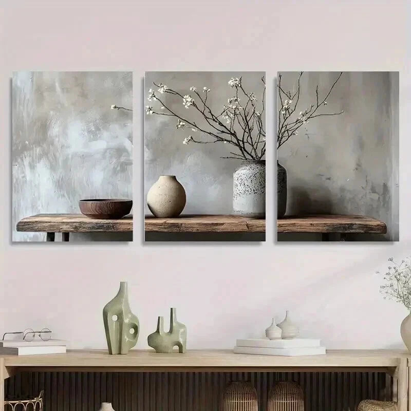 3pcs Minimalist Vase And Branch Decoration Wall Art Set Canvas Framed 50x70cm - High Quality Print 100% Australian Made Wall Canvas Ready to Hang