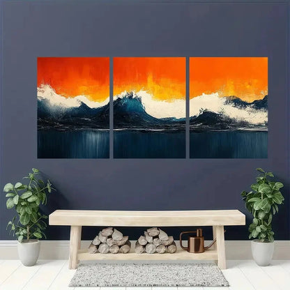 3pcs Abstract Ocean Vibrant Sunset & Wave Design Metal Print Ready to Hang Art - Bella Home Decor