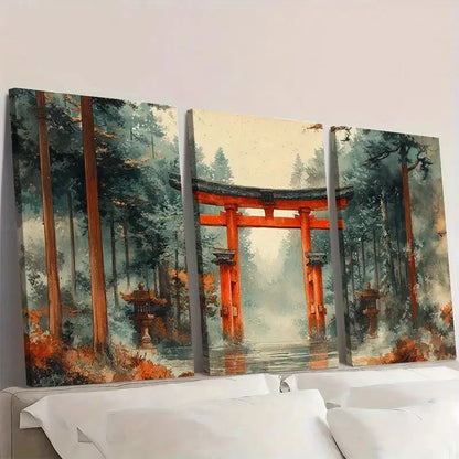 3pcs Japanese Ukiyo E Woodblock Torii Gate TG Wall Art Set Canvas Framed 50x70cm - High Quality Print 100% Australian Made Wall Canvas Ready to Hang