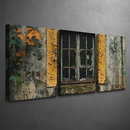 3pcs Vintage Window & Autumn Leaves Wall Art Set Canvas Framed 50x70cm - High Quality Print 100% Australian Made Wall Canvas Ready to Hang