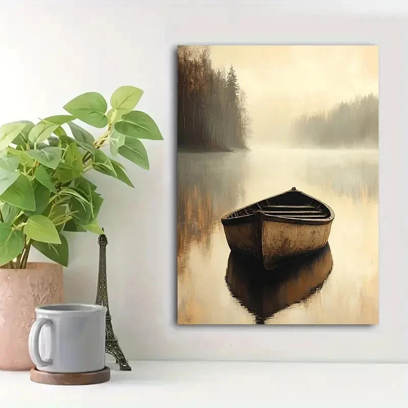Beautiful Serene Rowboat On Foggy Lake Painting 40x60cm Metal Print Ready to Hang - Bella Home Decor