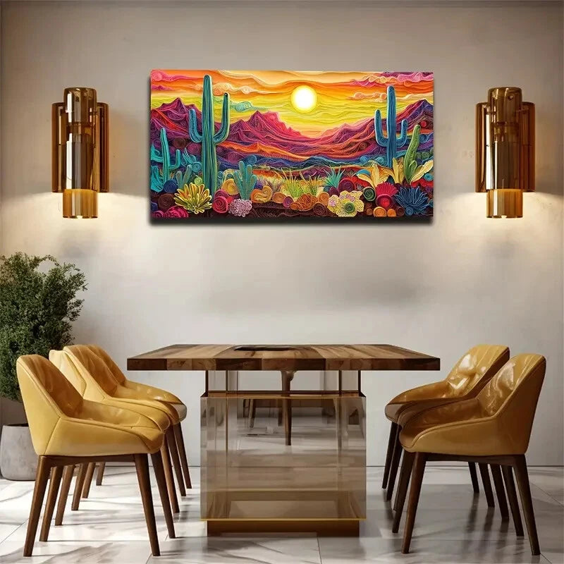Vibrant Cactus & Mountain Wall Art Canvas Office Home Room Framed 120x60cm - Bella Home Decor