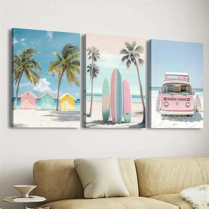 3pcs Pink Kombi Van And The Beach     Wall Art Set Canvas Framed 40x60cm - High Quality Print 100% Australian Made Wall Canvas Ready to Hang - Bella Home Decor