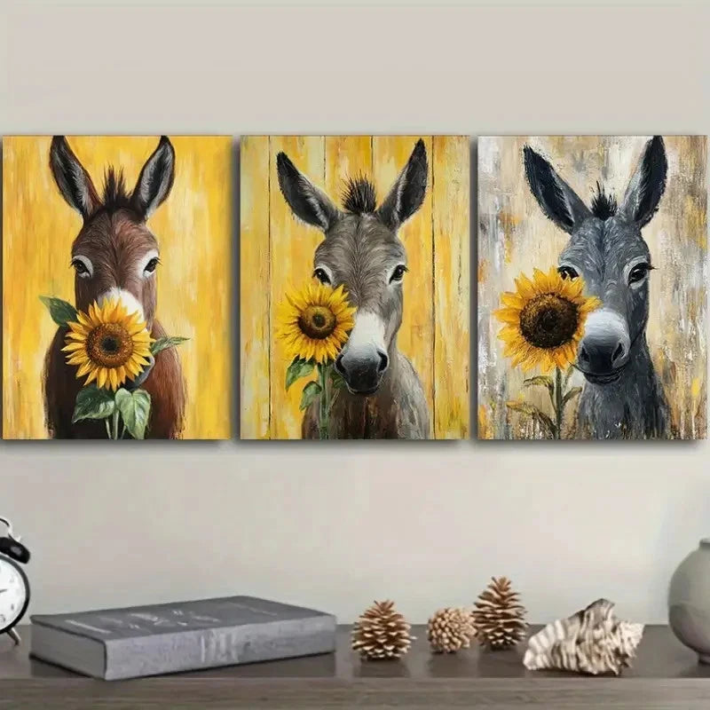 3pcs Adorable Donkey Adorned with a Sunflower Wall Art Set Canvas Framed 40x60cm - High Quality Print 100% Australian Made Wall Canvas Ready to Hang - Bella Home Decor