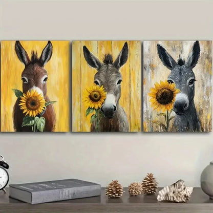 3pcs Adorable Donkey Adorned with a Sunflower Wall Art Set Canvas Framed 40x60cm - High Quality Print 100% Australian Made Wall Canvas Ready to Hang - Bella Home Decor