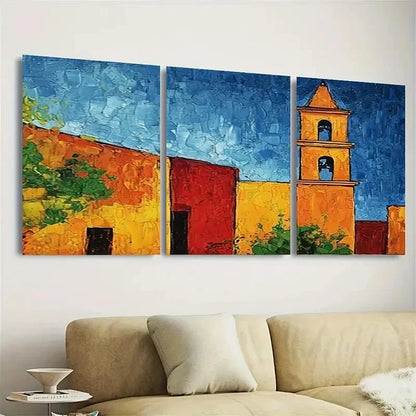 3pcs Vibrant Mexican Bell Tower Wall Art Set Canvas Framed 40x60cm - High Quality Print 100% Australian Made Wall Canvas Ready to Hang - Bella Home Decor