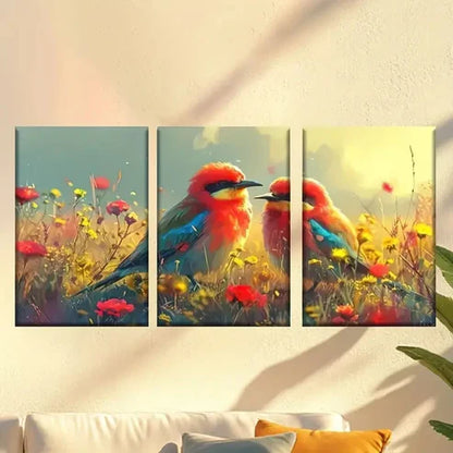 3pcs Two Birds Sitting on a Field of Flowers Wall Art Canvas Unframed - High Quality Print 100% Australian Made Wall Canvas