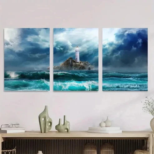 3pcs Ocean Storm Lighthouse Painting Wall Art Set Canvas Unframed - High Quality Print 100% Australian Made Wall Canvas