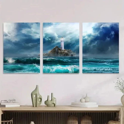 3pcs Ocean Storm Lighthouse Painting Wall Art Set Canvas Unframed - High Quality Print 100% Australian Made Wall Canvas