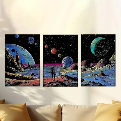 3pcs Style Posters of Man on Moon with Planets 50x70cm - High Quality Print 100% Australian Made Wall Canvas Ready to Hang