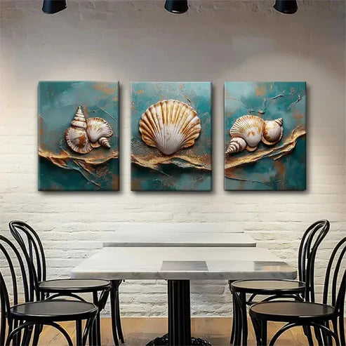 3pcs Coastal Seashell Tranquil Teal Perfect Wall Art Canvas Unframed - High Quality Print 100% Australian Made Wall Canvas - Bella Home Decor