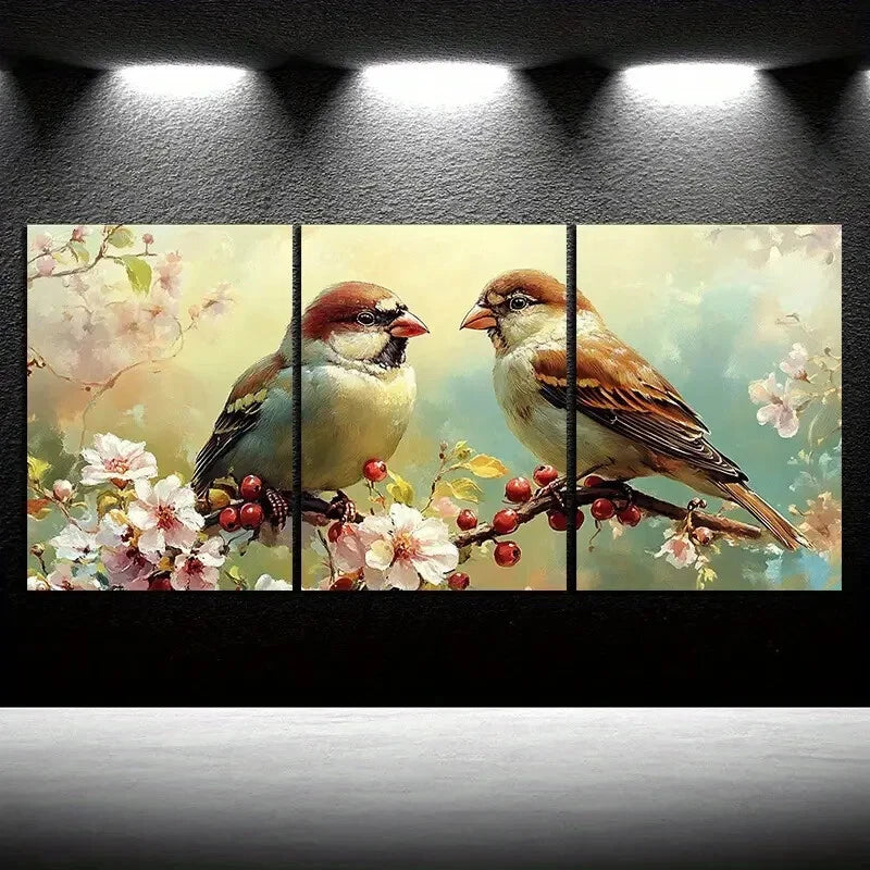 3pcs Birds on Blackberry Flowers Metal Print Ready to Hang Art - Bella Home Decor