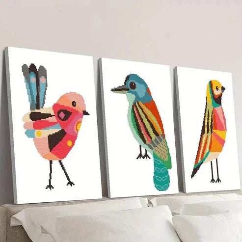 3pcs Geometric Birds Cross Stitch Pattern Wall  Art Set Canvas Unframed - High Quality Print 100% Australian Made Wall Canvas - Bella Home Decor