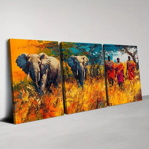 3pcs Vintage Nature African Elephants and Tribes Canvas Unframed - High Quality Print 100% Australian Made Wall Canvas