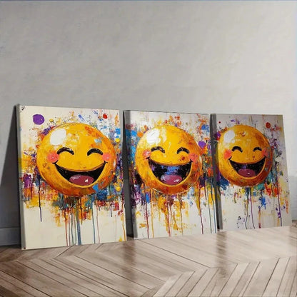 3pcs happy yellow joyful faces Wall Art Set Canvas Framed 40x60cm - High Quality Print 100% Australian Made Wall Canvas Ready to Hang