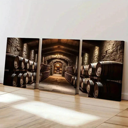 3pcs Wine Barrels Stone Walls Decoration Wall Art Set Canvas Framed 40x60cm - High Quality Print 100% Australian Made Wall Canvas Ready to Hang - Bella Home Decor