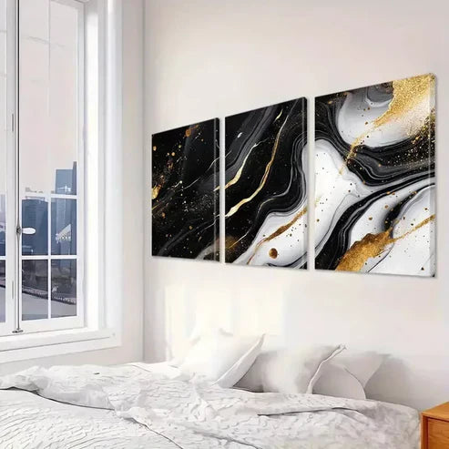 3pcs Black And Gold Aesthetic Veins Marble   Art Set Canvas Unframed - High Quality Print 100% Australian Made Wall Canvas - Bella Home Decor