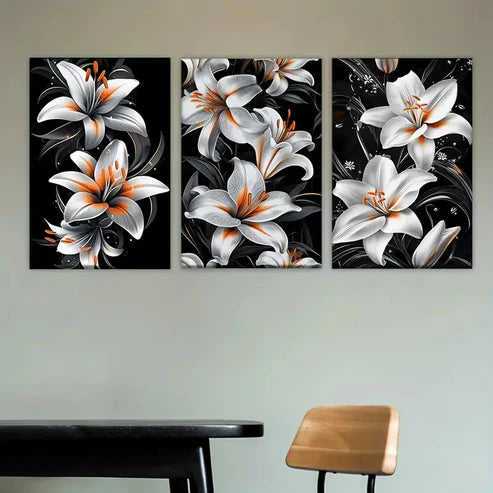 3pcs white and orange flowers on black Wall Art Set Canvas Unframed - High Quality Print 100% Australian Made Wall Canvas