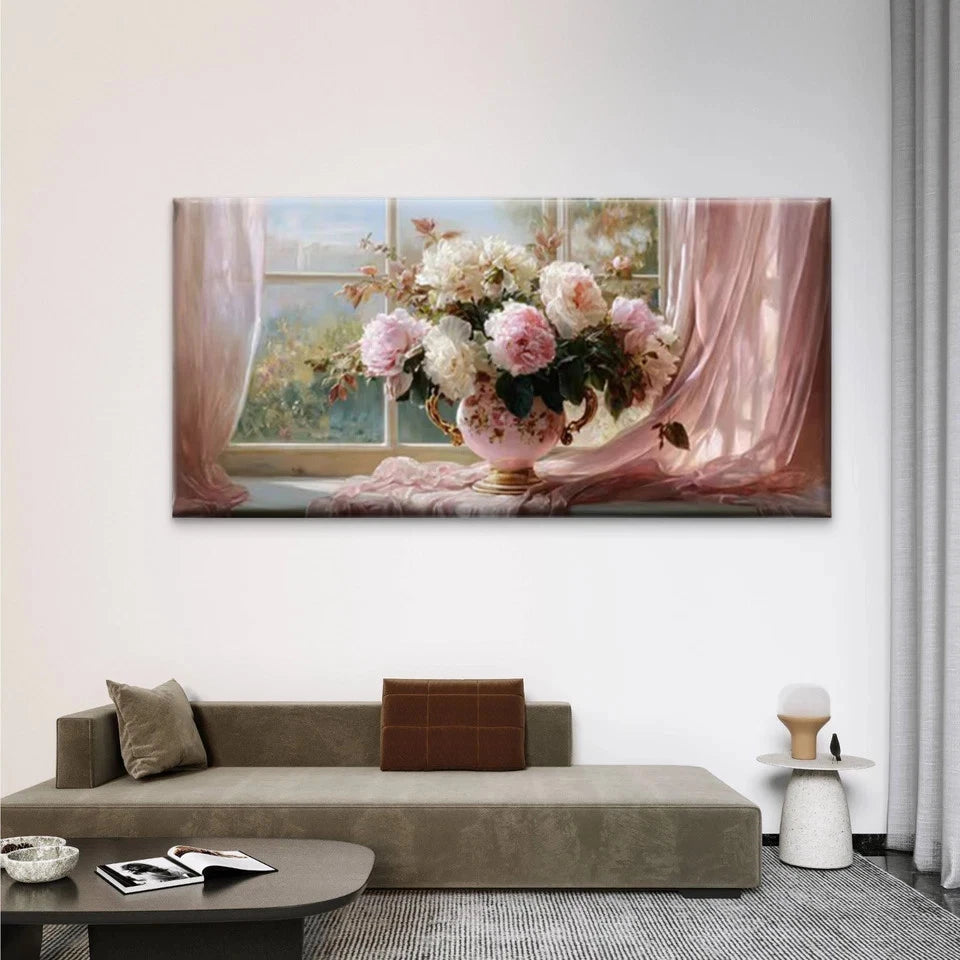 Pink Floral Vase Wall Art Canvas Office Home Room Framed 120x60cm