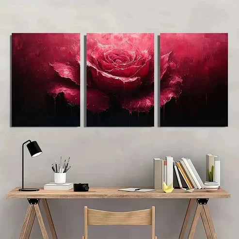 3pcs Dark Red Rose with Dripping Paint Wall Art Canvas Unframed - High Quality Print 100% Australian Made Wall Canvas - Bella Home Decor