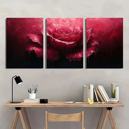 3pcs Dark Red Rose with Dripping Paint Wall Art Canvas Unframed - High Quality Print 100% Australian Made Wall Canvas - Bella Home Decor
