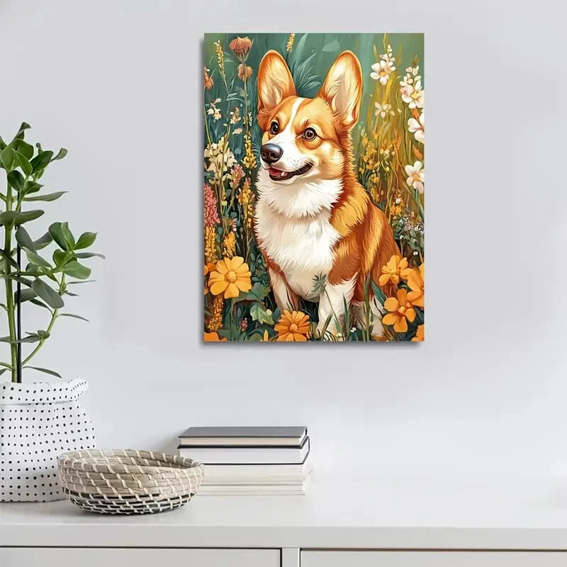 Beautiful Flowers and Plants Cute Corgi Dog Painting 40x60cm Metal Print Ready to Hang