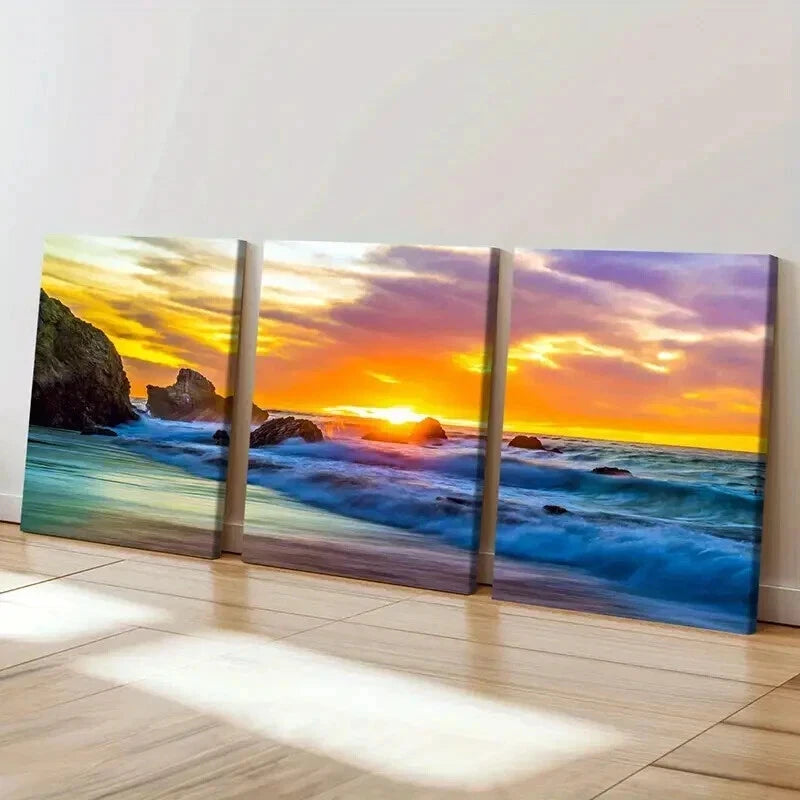 3pcs Vibrant Colorful Sunset Seaside Beach Wall Art Set Canvas Framed 60x90cm - High Quality Print 100% Australian Made Wall Canvas Ready to Hang - Bella Home Decor