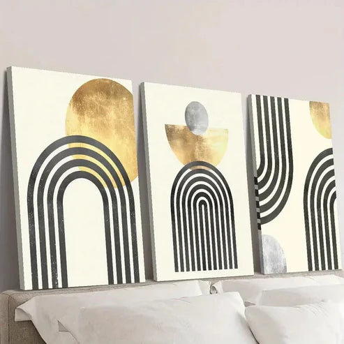 3pcs Golden Black & Gray Seamless Design Wall Art Set Canvas Unframed - High Quality Print 100% Australian Made Wall Canvas - Bella Home Decor