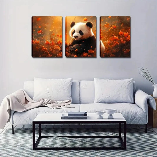3pcs Vibrant Autumn Landscape, Panda & Floral Wall Art Set Canvas Framed 50x70cm - High Quality Print 100% Australian Made Wall Canvas Ready to Hang