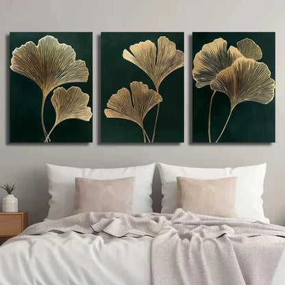 3pcs Emerald Green Golden Ginkgo Leaf Wall Art Set Canvas Unframed - High Quality Print 100% Australian Made Wall Canvas