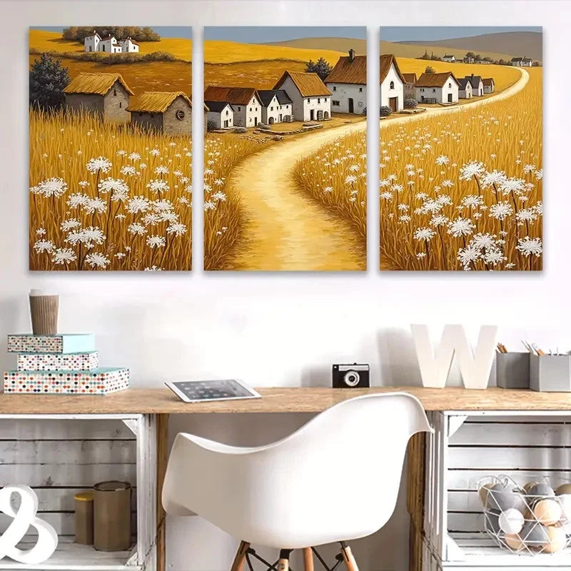 3pcs Country Road with Houses & Wildflowers Wall Art Set Canvas Framed 40x60cm - High Quality Print 100% Australian Made Wall Canvas Ready to Hang - Bella Home Decor