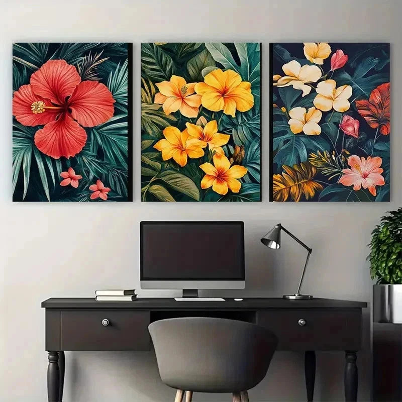 3pcs Vibrant Hibiscus & Plumeria Flowers Perfect Wall Art Set Canvas Framed 50x70cm - High Quality Print 100% Australian Made Wall Canvas Ready to Hang